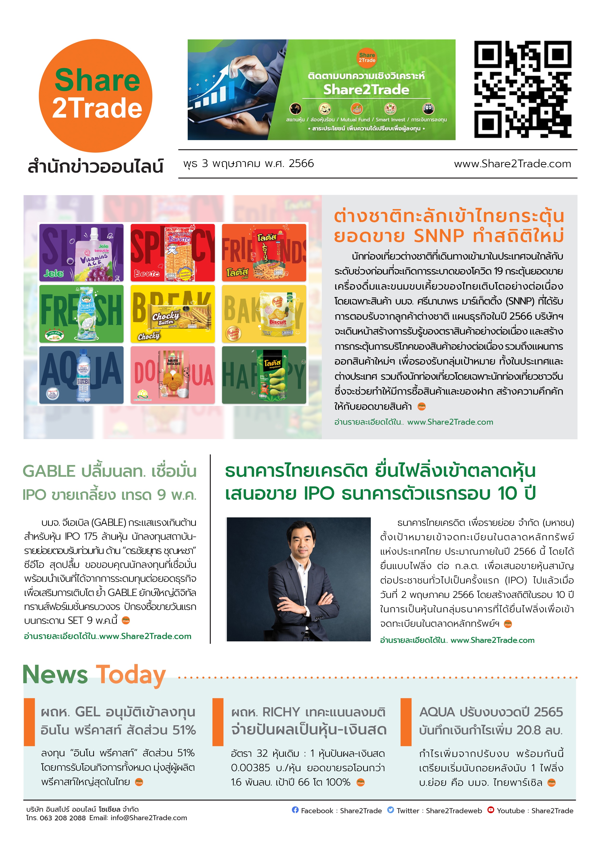 หนังสือพิมพ์อิเล็กทรอนิกส์ Share2Trade 3 พ.ค. 66 (SNNP, GABLE, TCRbank, GEL, RICHY, AQUA)