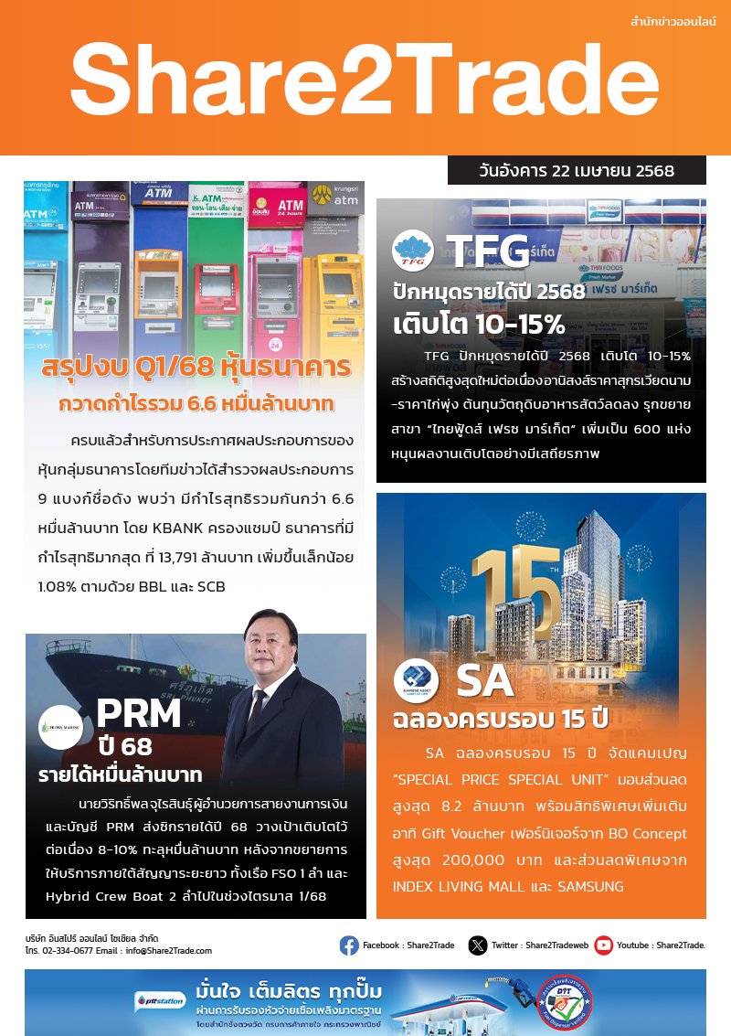 หนังสือพิมพ์อิเล็กทรอนิกส์ Share2Trade 22 เม.ย. 68 (KBANK, SCB, BBL, TFG, PRM, SA)