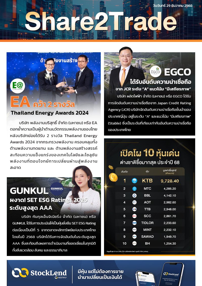 หนังสือพิมพ์อิเล็กทรอนิกส์ Share2Trade 29 ธ.ค. 2568 (EA, EGCO, GUNKUL)