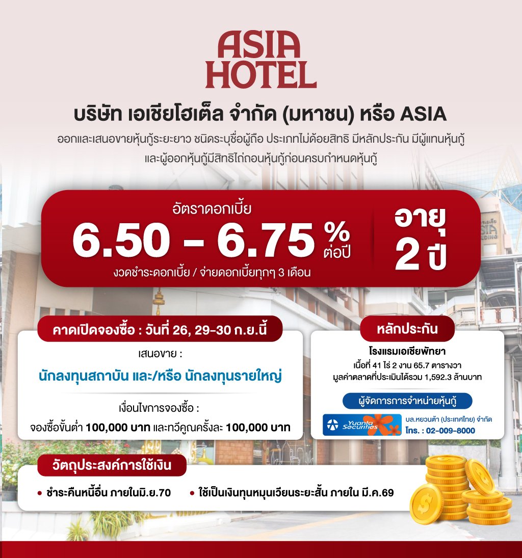 โอกาสลงทุนหุ้นกู้ ASIA ดอกเบี้ยสูง 6.50-6.75%