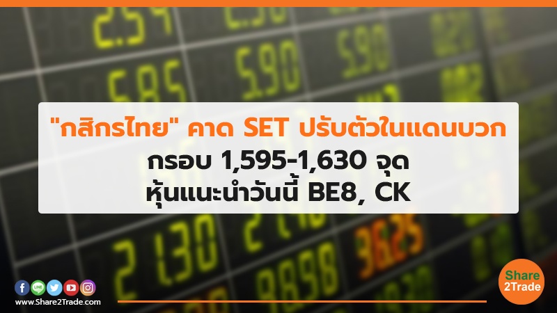 "กสิกรไทย" คาด SET ปรับตัวในแดนบวก กรอบ 1,595-1,630 จุด หุ้นแนะนำวันนี้ BE8, CK