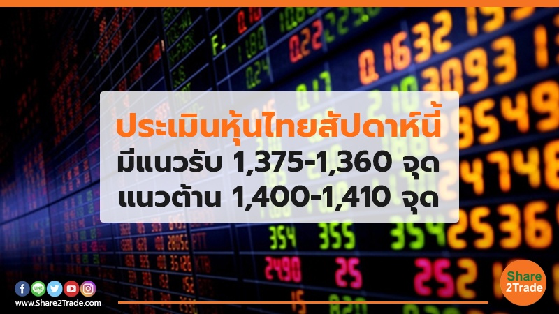ประเมินหุ้นไทยสัปดาห์นี้ มีแนวรับ 1,375-1,360 จุด แนวต้าน 1,400-1,410 จุด