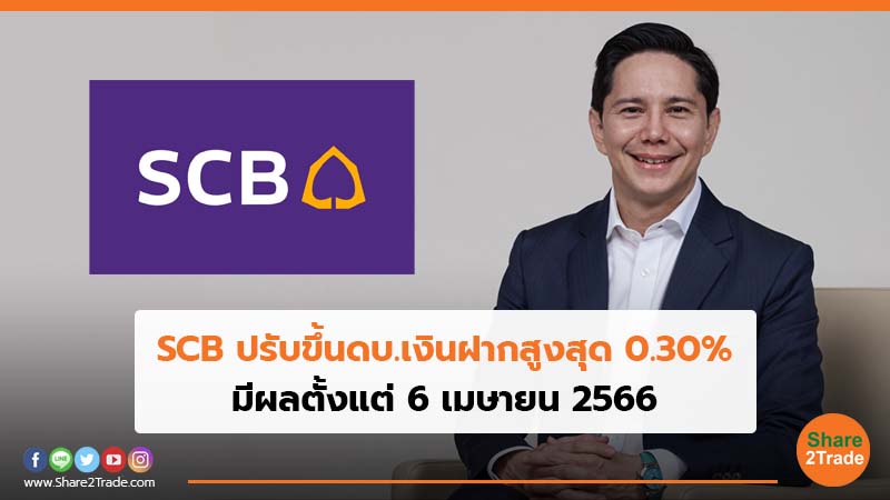 SCB ปรับขึ้นดบ.เงินฝากสูงสุด 0.30% มีผลตั้งแต่ 6 เมษายน 2566