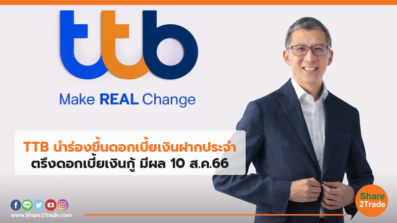 TTB นำร่องขึ้นดอกเบี้ยเงินฝากประจำ ตรึงดอกเบี้ยเงินกู้ มีผล 10 ส.ค.66