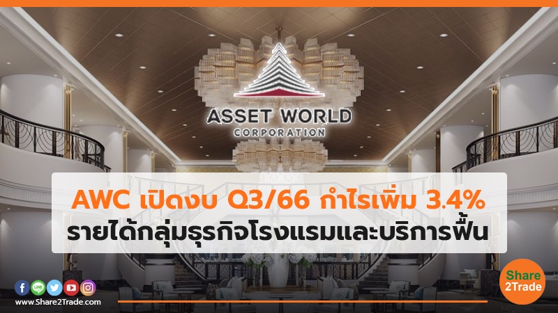 AWC เปิดงบ Q3/66 กำไรเพิ่ม 3.4% รายได้กลุ่มธุรกิจโรงแรมและบริการฟื้น