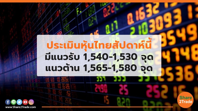 ประเมินหุ้นไทยสัปดาห์นี้ มีแนวรับ 1,540-1,530 จุด แนวต้าน1,565-1,580 จุด