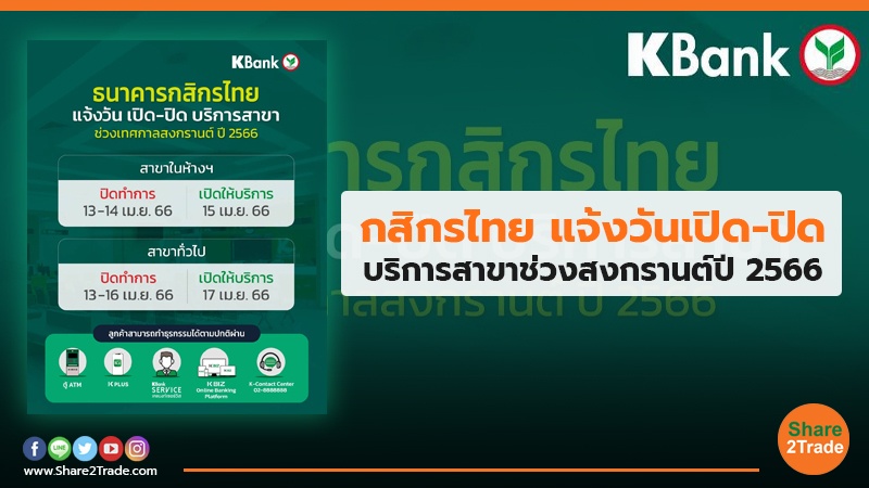 กสิกรไทย แจ้งวันเปิด-ปิด บริการสาขาช่วงสงกรานต์ปี 2566