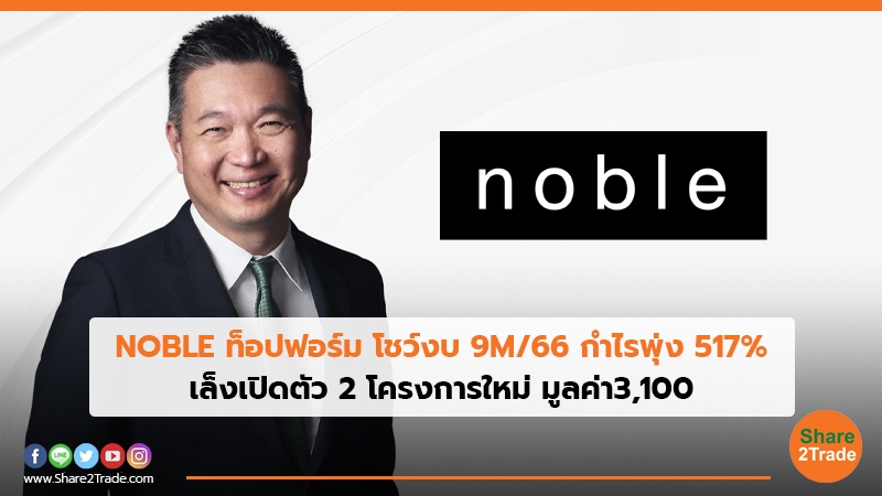 NOBLE ท็อปฟอร์ม โชว์งบ 9M/66 กำไรพุ่ง 517% เล็งเปิดตัว 2 โครงการใหม่ มูลค่า3,100 ลบ.