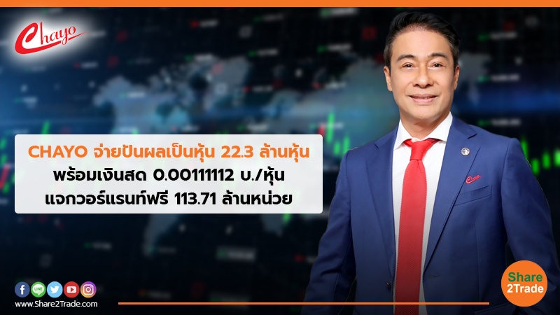 CHAYO จ่ายปันผลเป็นหุ้น 22.3 ล้านหุ้น พร้อมเงินสด 0.00111112 บ./หุ้น แจกวอร์แรนท์ฟรี113.71 ล้านหน่วย