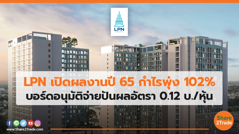 LPN เปิดผลงานปี65 กำไรพุ่ง 102% บอร์ดอนุมัติจ่ายปันผลอัตรา 0.12 บ./หุ้น