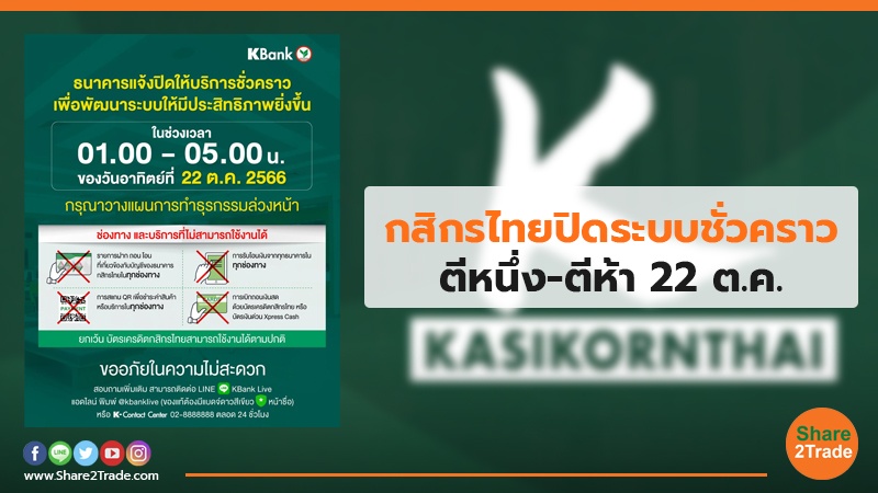 กสิกรไทยปิดระบบชั่วคราว ตีหนึ่ง-ตีห้า 22 ต.ค.