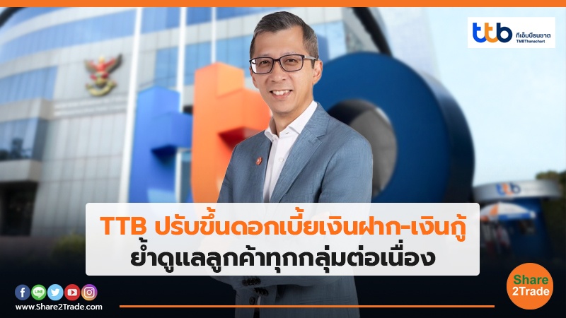 TTB ปรับขึ้นดอกเบี้ยเงินฝาก-เงินกู้  ย้ำดูแลลูกค้าทุกกลุ่มต่อเนื่อง