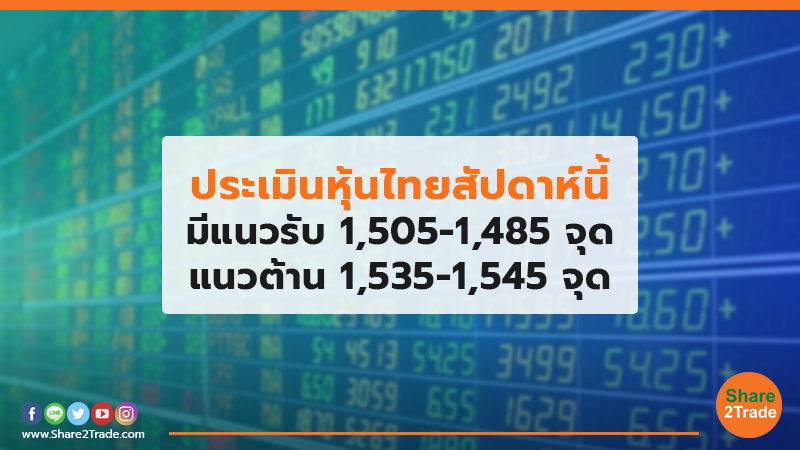 ประเมินหุ้นไทยสัปดาห์นี้ มีแนวรับ 1,505-1,485 จุด แนวต้าน 1,535-1,545 จุด