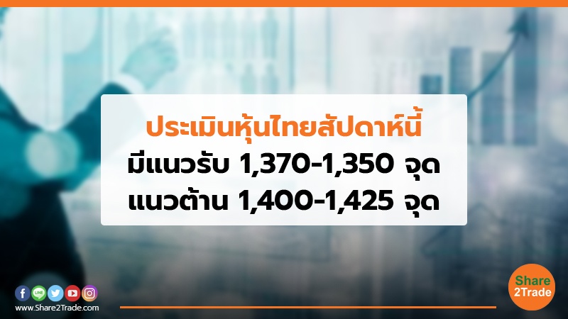 ประเมินหุ้นไทยสัปดาห์นี้ มีแนวรับ  1,370-1,350 จุด  แนวต้าน 1,400-1,425 จุด