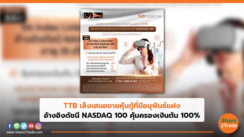 TTB เล็งเสนอขายหุ้นกู้ที่มีอนุพันธ์แฝง อ้างอิงดัชนี NASDAQ 100 คุ้มครองเงินต้น100%