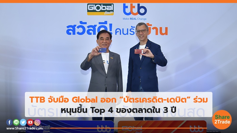 TTB จับมือ Global ออก “บัตรเครดิต-เดบิต” ร่วม หนุนขึ้นTop 4 ของตลาดใน 3 ปี