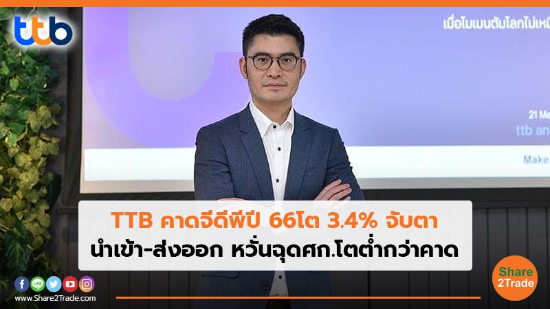 TTB คาดจีดีพีปี 66โต 3.4% จับตา นำเข้า-ส่งออก หวั่นฉุดศก.โตต่ำกว่าคาด