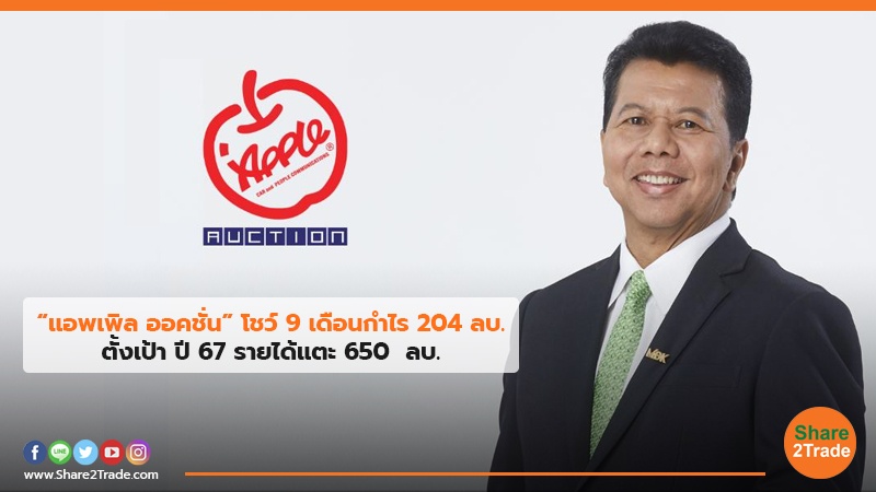“แอพเพิล ออคชั่น” โชว์ 9 เดือนกำไร 204 ลบ. ตั้งเป้า ปี 67 รายได้แตะ 650 ลบ.
