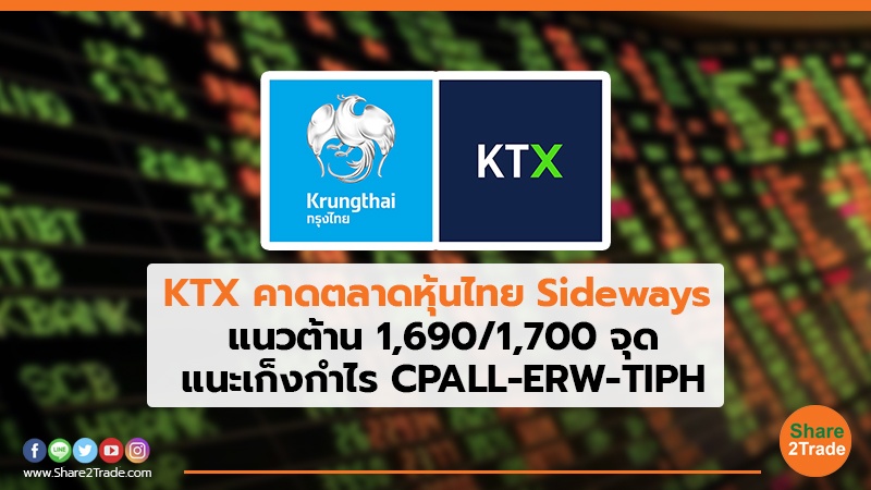 KTX คาดตลาดหุ้นไทย Sideways แนวต้าน 1,690/1,700 จุด แนะเก็งกำไร CPALL-ERW-TIPH