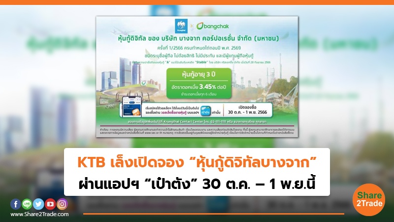 KTB เล็งเปิดจอง“หุ้นกู้ดิจิทัลบางจาก” ผ่านแอปฯ “เป๋าตัง” 30 ต.ค. – 1 พ.ย.นี้