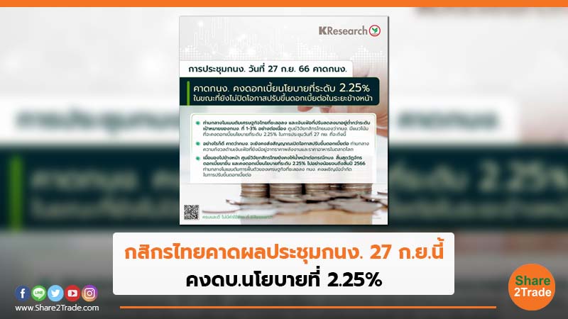 กสิกรไทยคาดผลประชุมกนง. 27 ก.ย.นี้ คงดบ.นโยบายที่ 2.25%