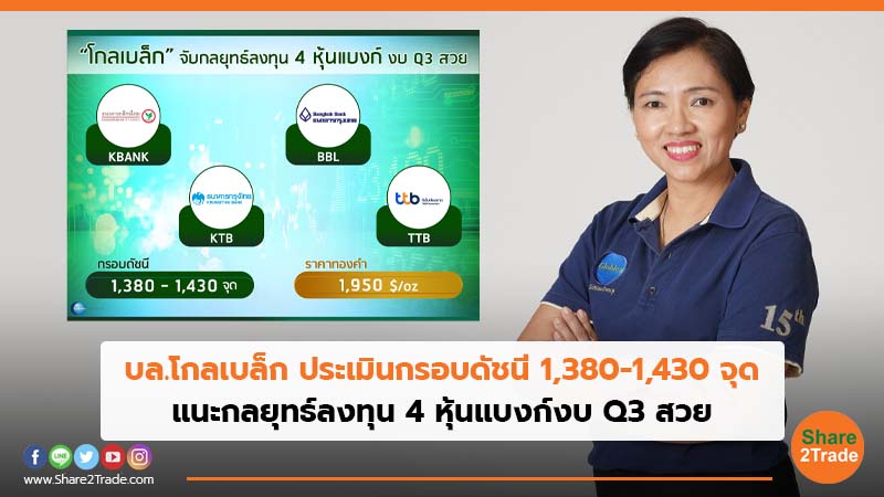 บล.โกลเบล็ก ประเมินกรอบดัชนี 1,380-1,430 จุด แนะกลยุทธ์ลงทุน 4 หุ้นแบงก์งบ Q3 สวย