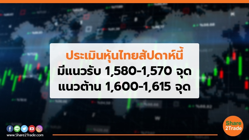 คาดหุ้นไทยสัปดาห์นี้ มีแนวรับ 1,580-1,570 จุด แนวต้าน 1,600-1,615 จุด