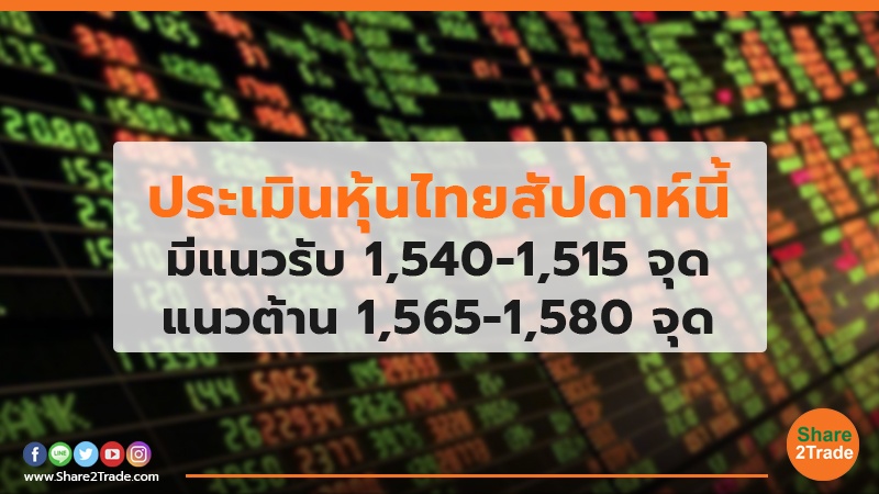 ประเมินหุ้นไทยสัปดาห์นี้ มีแนวรับ 1,540-1,515 จุด แนวต้าน 1,565-1,580 จุด