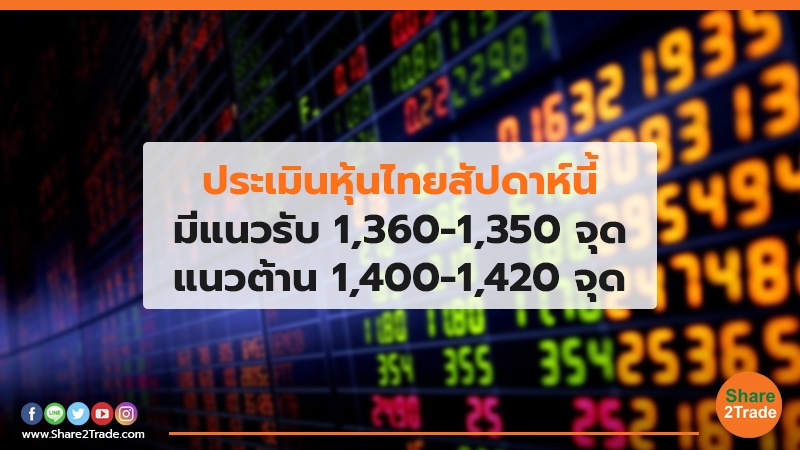 ประเมินหุ้นไทยสัปดาห์นี้ มีแนวรับ 1,360-1,350 จุด แนวต้าน  1,400-1,420 จุด