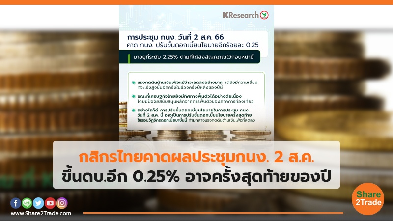 กสิกรไทย คาดผลประชุมกนง. 2 ส.ค. ขึ้นดบ. อีก 0.25% อาจครั้งสุดท้ายของปี