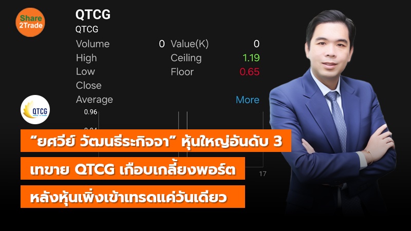 “ยศวีย์ วัฒนธีระกิจจา” หุ้นใหญ่อันดับ 3 เทขาย QTCG เกือบเกลี้ยงพอร์ต หลังหุ้นเพิ่งเข้าเทรดแค่วันเดียว