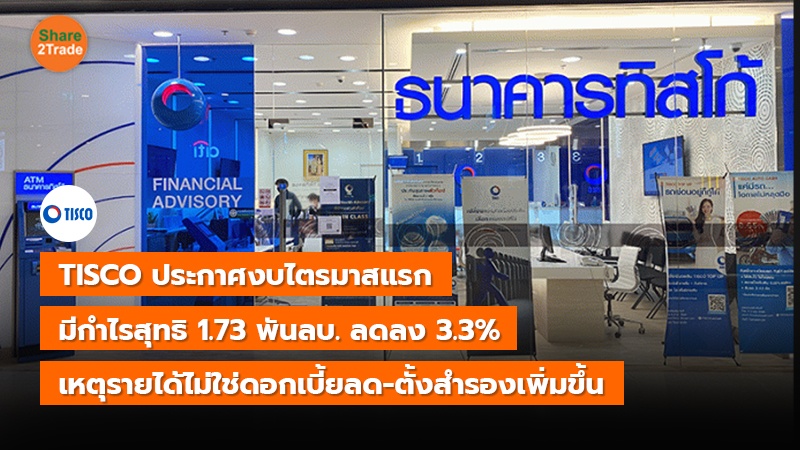 TISCO ประกาศงบไตรมาสแรก มีกำไรสุทธิ 1.73 พันลบ. ลดลง 3.3% เหตุรายได้ไม่ใช่ดอกเบี้ยลด-ตั้งสำรองเพิ่มขึ้น