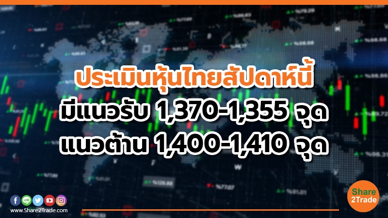 ประเมินหุ้นไทยสัปดาห์นี้ มีแนวรับ 1,370-1,355 จุด แนวต้าน 1,400-1,410 จุด