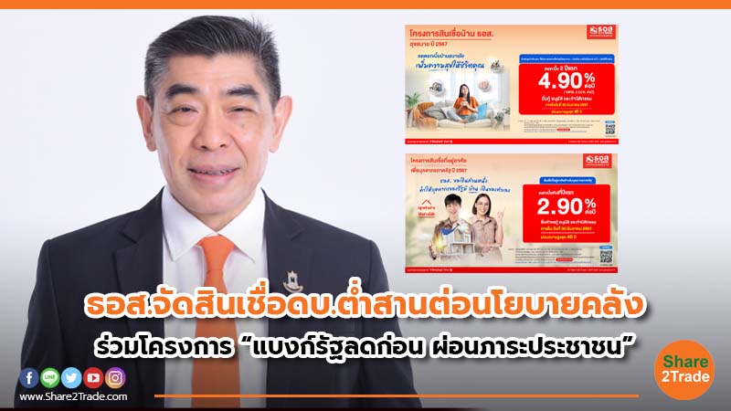 ธอส. จัดสินเชื่อดบ.ต่ำสานต่อนโยบายคลัง ร่วมโครงการ “แบงก์รัฐลดก่อน ผ่อนภาระประชาชน”