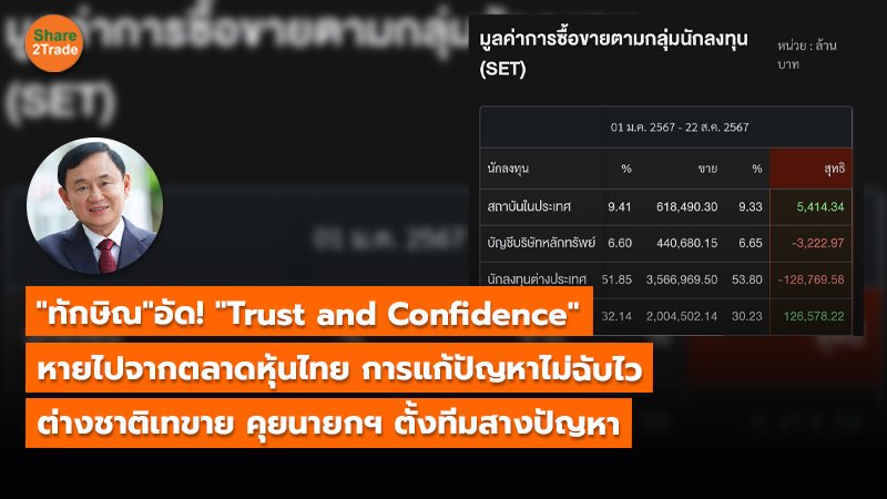 "ทักษิณ"อัด! "Trust and Confidence"  หายไปจากตลาดหุ้นไทย การแก้ปัญหาไม่ฉับไว  ต่างชาติเทขาย คุยนายกฯ ตั้งทีมสางปัญหา