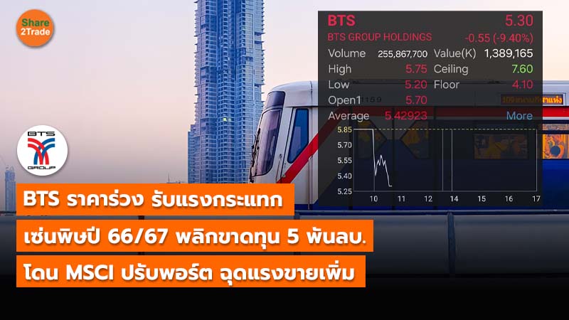 BTS ราคาร่วง รับแรงกระแทก เซ่นพิษปี 66/67 พลิกขาดทุน 5 พันลบ. โดน MSCI ปรับพอร์ต ฉุดแรงขายเพิ่ม