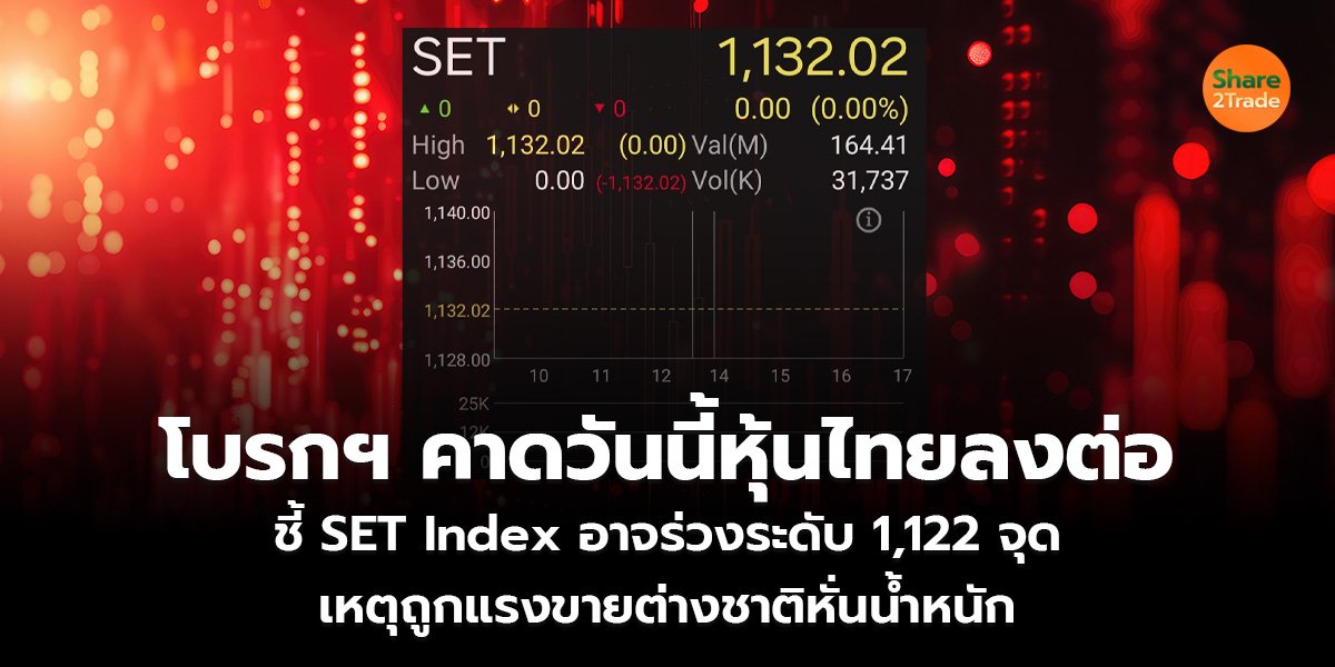 โบรกฯ คาดวันนี้หุ้นไทยลงต่อ ชี้ SET Index อาจร่วงระดับ 1,122 จุด  เหตุถูกแรงขายต่างชาติหั่นน้ำหนัก