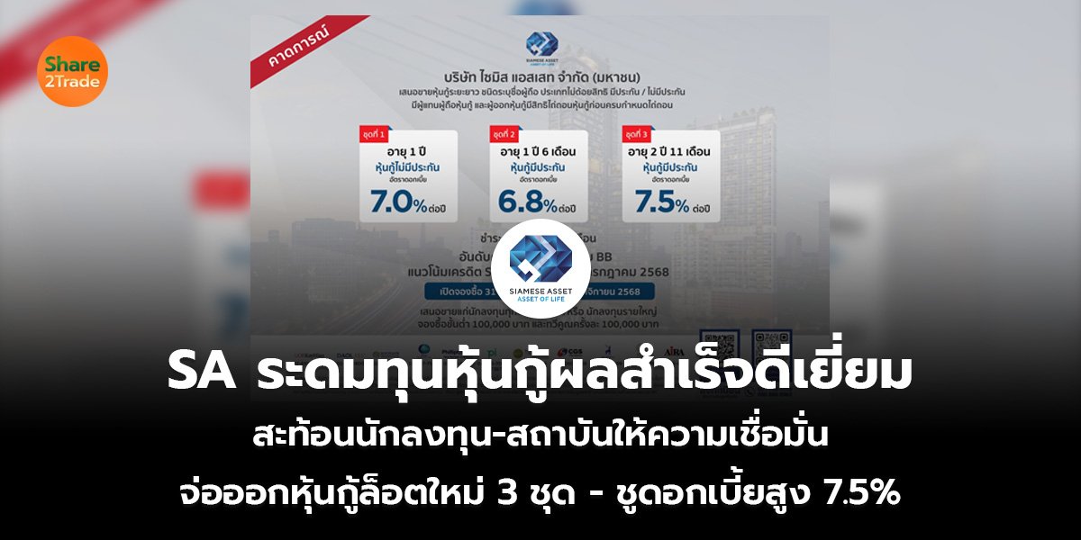 SA ระดมทุนหุ้นกู้ผลสำเร็จดีเยี่ยม สะท้อนนักลงทุน-สถาบันให้ความเชื่อมั่น จ่อออกหุ้นกู้ล็อตใหม่ 3 ชุด - ชูดอกเบี้ยสูง 7.5%