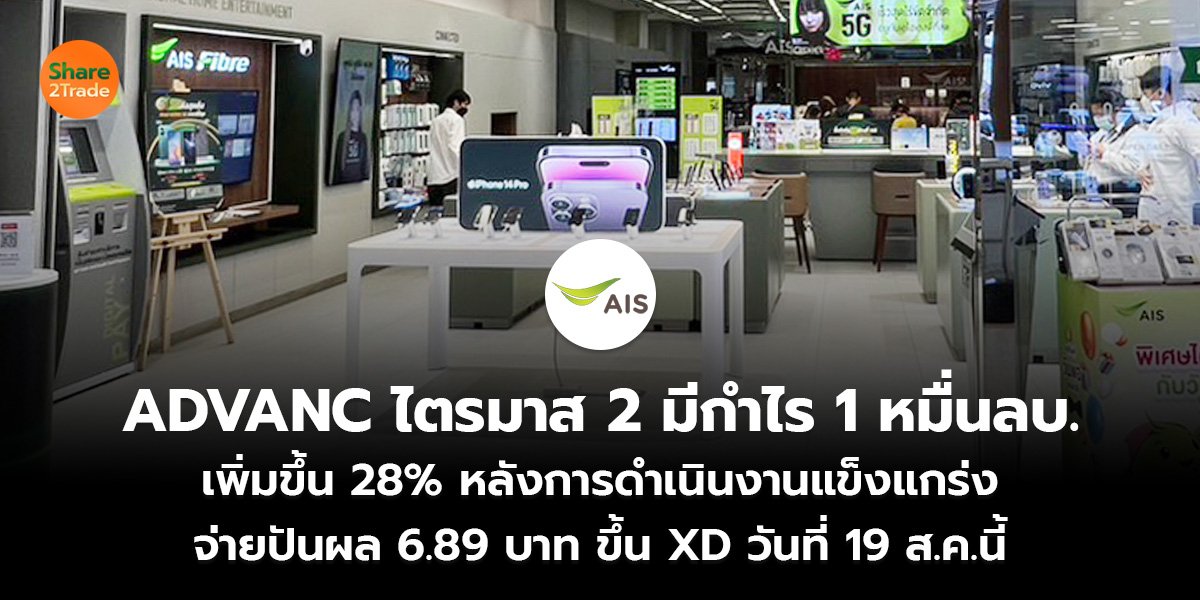 ADVANC ไตรมาส 2 มีกำไร 1 หมื่นลบ. เพิ่มขึ้น 28% หลังการดำเนินงานแข็งแกร่ง จ่ายปันผล 6.89 บาท ขึ้น XD วันที่ 19 ส.ค.นี้