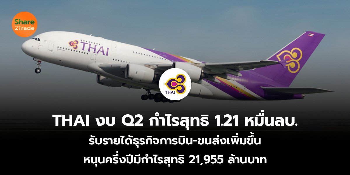 THAI งบ Q2 กำไรสุทธิ 1.21 หมื่นลบ. รับรายได้ธุรกิจการบิน-ขนส่งเพิ่มขึ้น หนุนครึ่งปีมีกำไรสุทธิ 21,955 ล้านบาท
