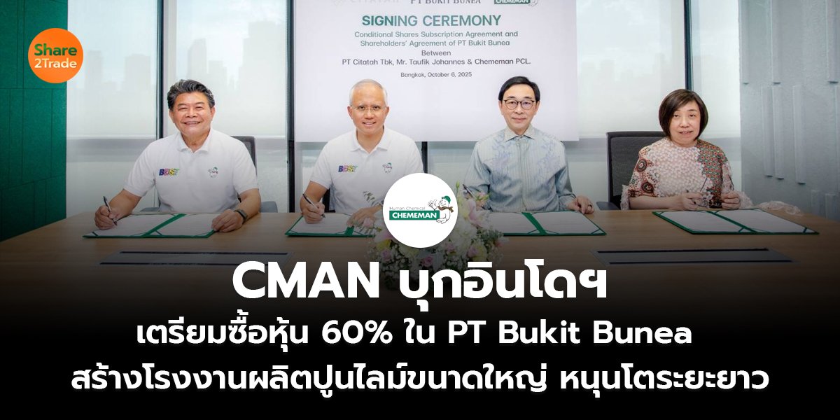 CMAN บุกอินโดฯ เตรียมซื้อหุ้น 60% ใน PT Bukit Bunea  สร้างโรงงานผลิตปูนไลม์ขนาดใหญ่ หนุนโตระยะยาว