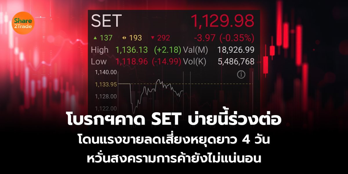 โบรกฯคาด SET บ่ายนี้ร่วงต่อ โดนแรงขายลดเสี่ยงหยุดยาว 4 วัน หวั่นสงครามการค้ายังไม่แน่นอน