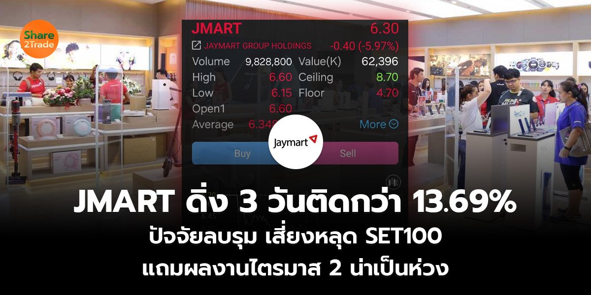 JMART ดิ่ง 3 วันติดกว่า 13.69%  ปัจจัยลบรุม เสี่ยงหลุด SET100 แถมผลงานไตรมาส 2 น่าเป็นห่วง