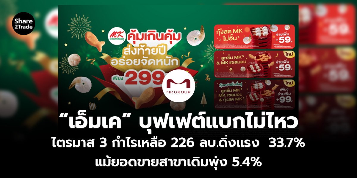 “เอ็มเค” บุฟเฟต์แบกไม่ไหว ไตรมาส 3 กำไรเหลือ 226 ลบ.ดิ่งแรง 33.7% แม้ยอดขายสาขาเดิมพุ่ง 5.4%