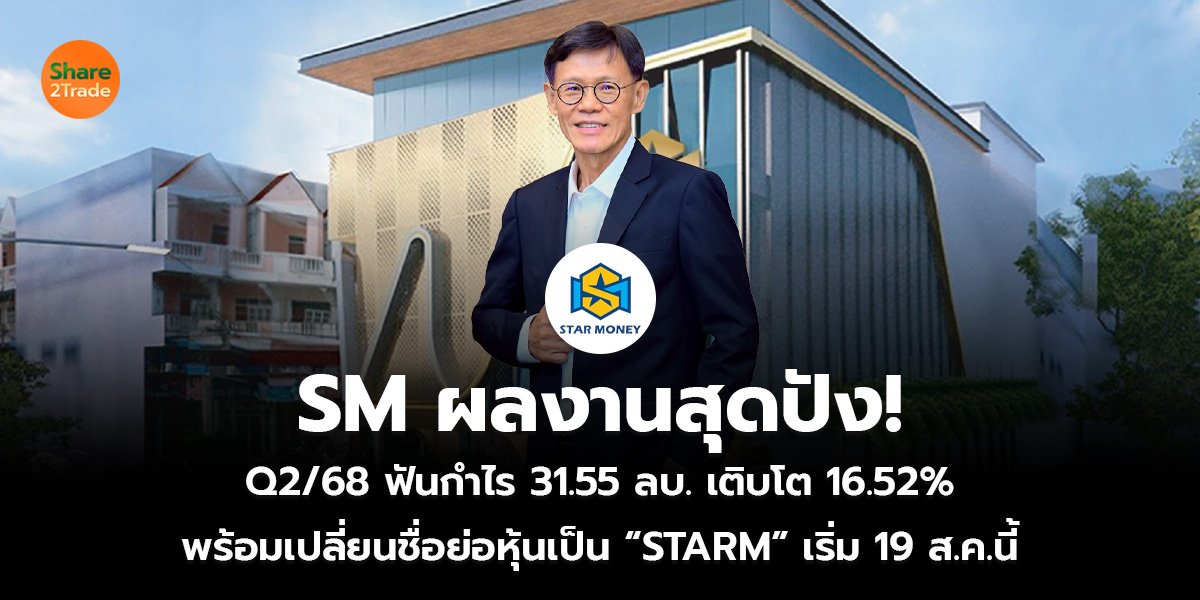 SM ผลงานสุดปัง!  Q2/68 ฟันกำไร 31.55 ลบ. เติบโต 16.52%  พร้อมเปลี่ยนชื่อย่อหุ้นเป็น “STARM” เริ่ม 19 ส.ค.นี้