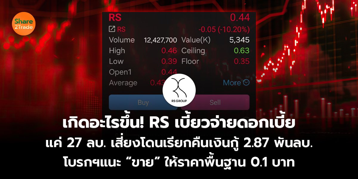 เกิดอะไรขึ้น! RS เบี้ยวจ่ายดอกเบี้ย แค่ 27 ลบ. เสี่ยงโดนเรียกคืนเงินกู้ 2.87 พันลบ. โบรกฯแนะ “ขาย” ให้ราคาพื้นฐาน 0.1 บาท