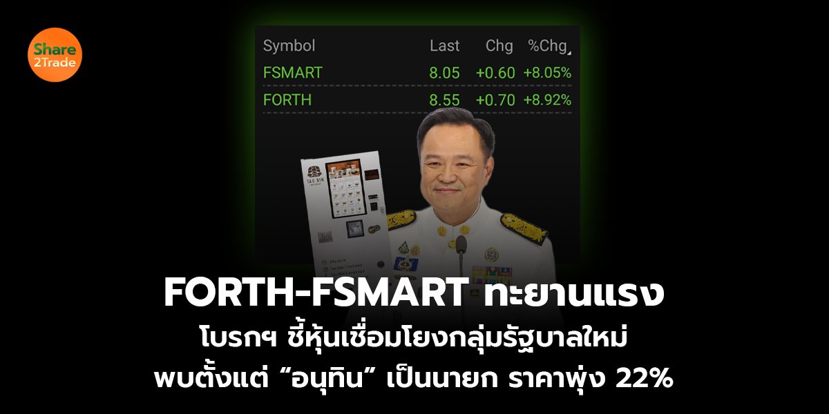 FORTH-FSMART ทะยานแรง โบรกฯ ชี้หุ้นเชื่อมโยงกลุ่มรัฐบาลใหม่ พบตั้งแต่ “อนุทิน” เป็นนายก ราคาพุ่ง 22%
