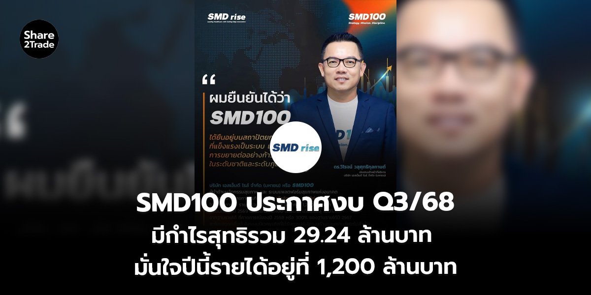 SMD100 ประกาศงบ Q3/68 มีกำไรสุทธิรวม 29.24 ล้านบาท มั่นใจปีนี้รายได้อยู่ที่ 1,200 ล้านบาท