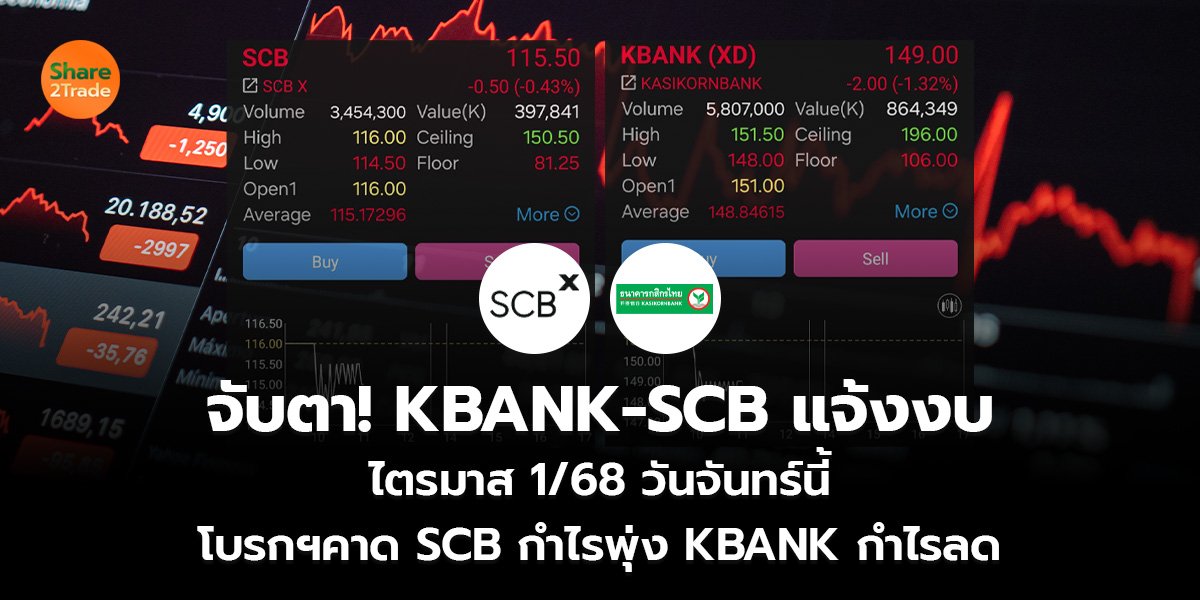 จับตา! KBANK-SCB แจ้งงบ ไตรมาส 1/68 วันจันทร์นี้ โบรกฯคาด SCB กำไรพุ่ง KBANK กำไรลด