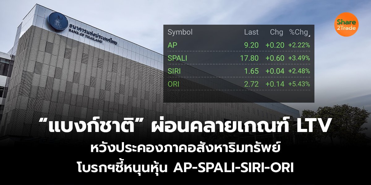 “แบงก์ชาติ” ผ่อนคลายเกณฑ์ LTV  หวังประคองภาคอสังหาริมทรัพย์ โบรกฯชี้หนุนหุ้น AP-SPALI-SIRI-ORI